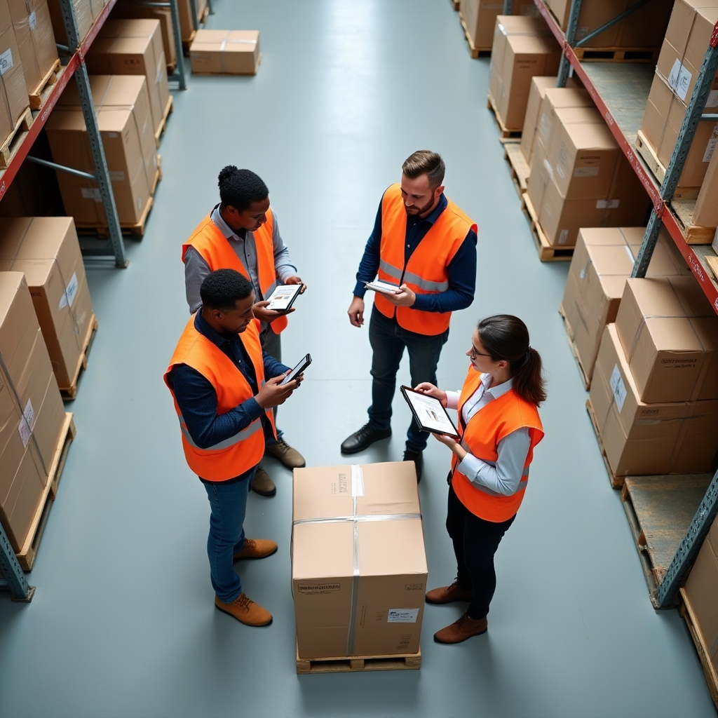 Echipă de logistică într-un depozit de producător pregătind echipamente pentru livrare